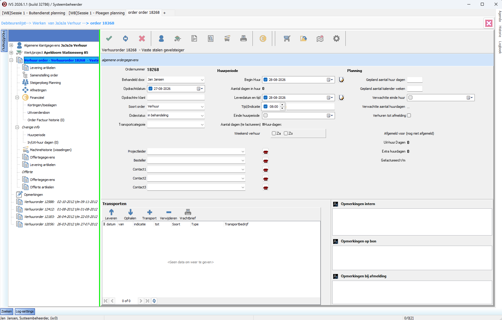 IVS-orderinvoer met huurperiode, planning en transportgegevens